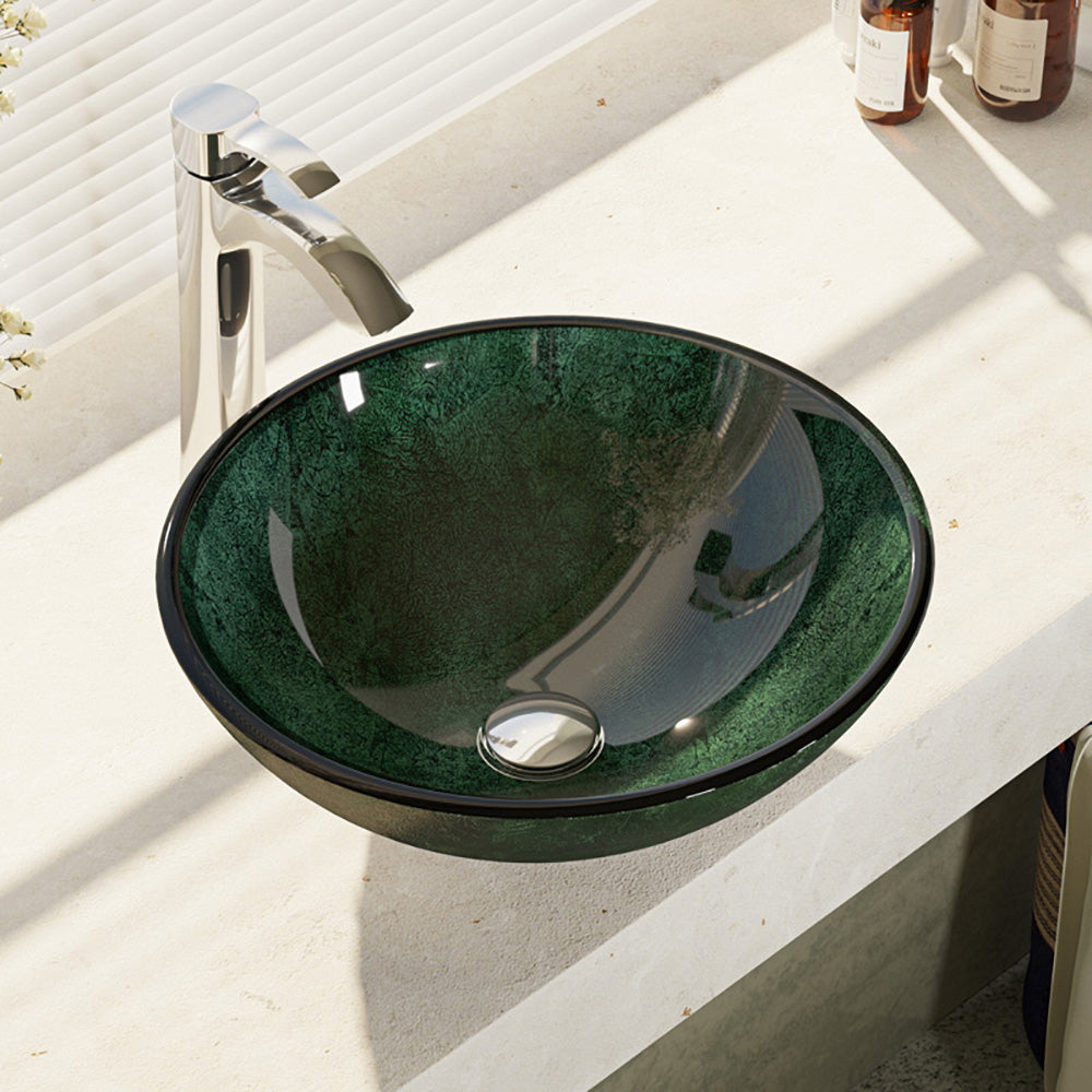 Alternate Image for Rene 17" Round Glass Bathroom Sink, Forest Green, with Faucet, R5-5027-R9-7006-C