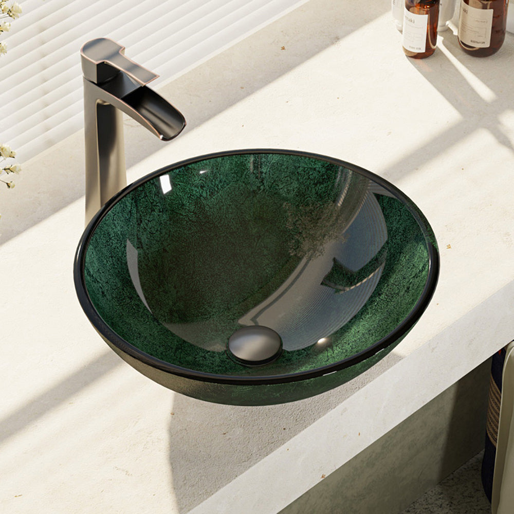 Alternate Image for Rene 17" Round Glass Bathroom Sink, Forest Green, with Faucet, R5-5027-R9-7007-ABR