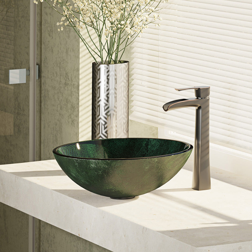 Alternate Image for Rene 17" Round Glass Bathroom Sink, Forest Green, with Faucet, R5-5027-R9-7007-ABR