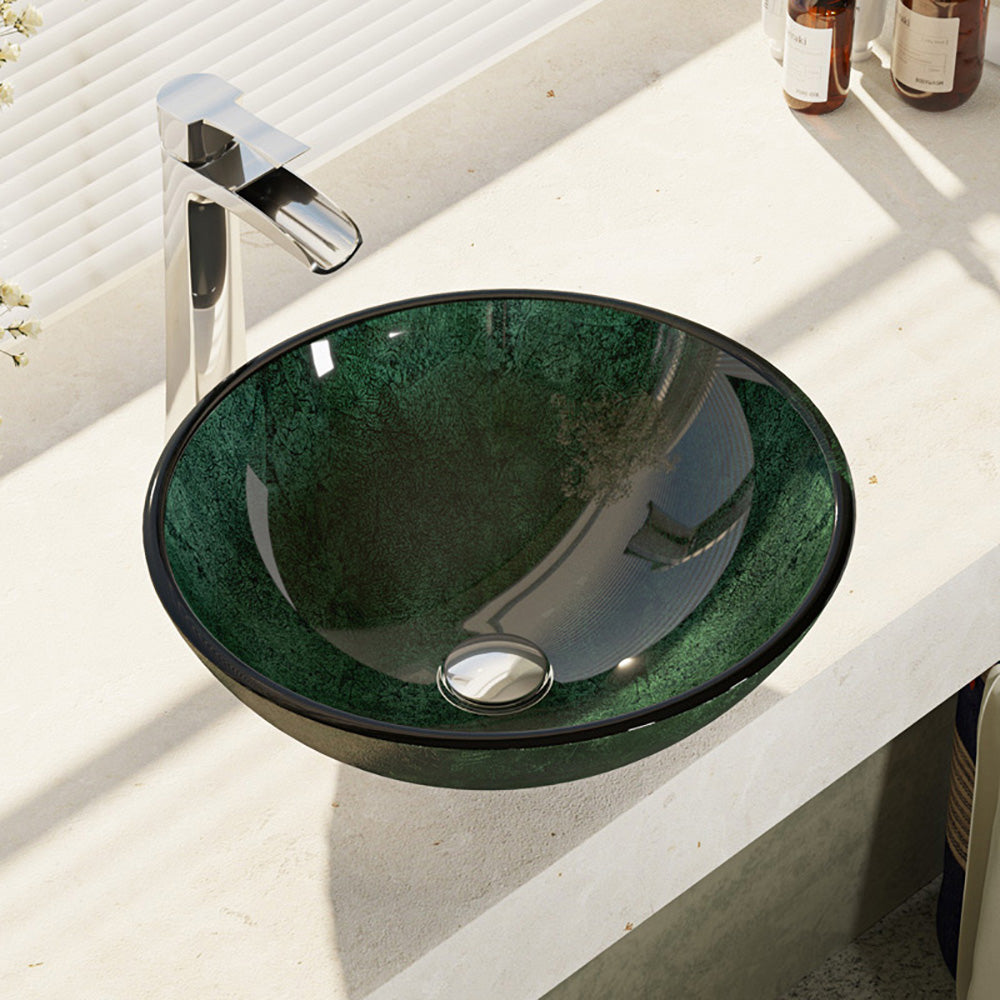Alternate Image for Rene 17" Round Glass Bathroom Sink, Forest Green, with Faucet, R5-5027-R9-7007-C