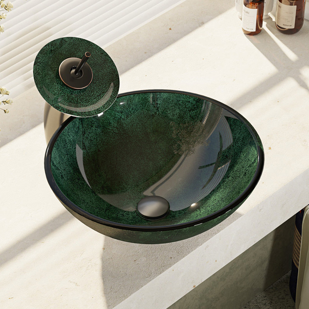 Alternate Image for Rene 17" Round Glass Bathroom Sink, Forest Green, with Faucet, R5-5027-WF-ABR