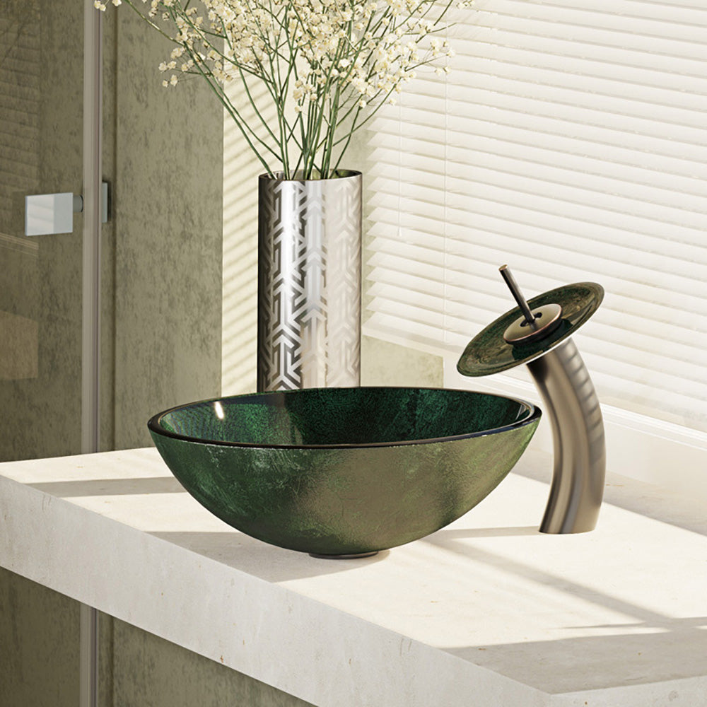 Alternate Image for Rene 17" Round Glass Bathroom Sink, Forest Green, with Faucet, R5-5027-WF-ABR