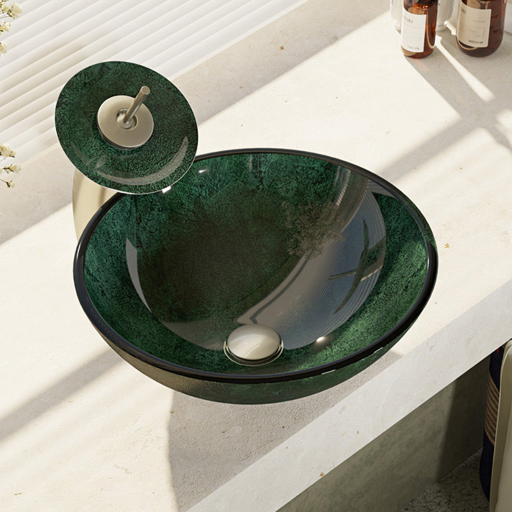 Alternate Image for Rene 17" Round Glass Bathroom Sink, Forest Green, with Faucet, R5-5027-WF-BN
