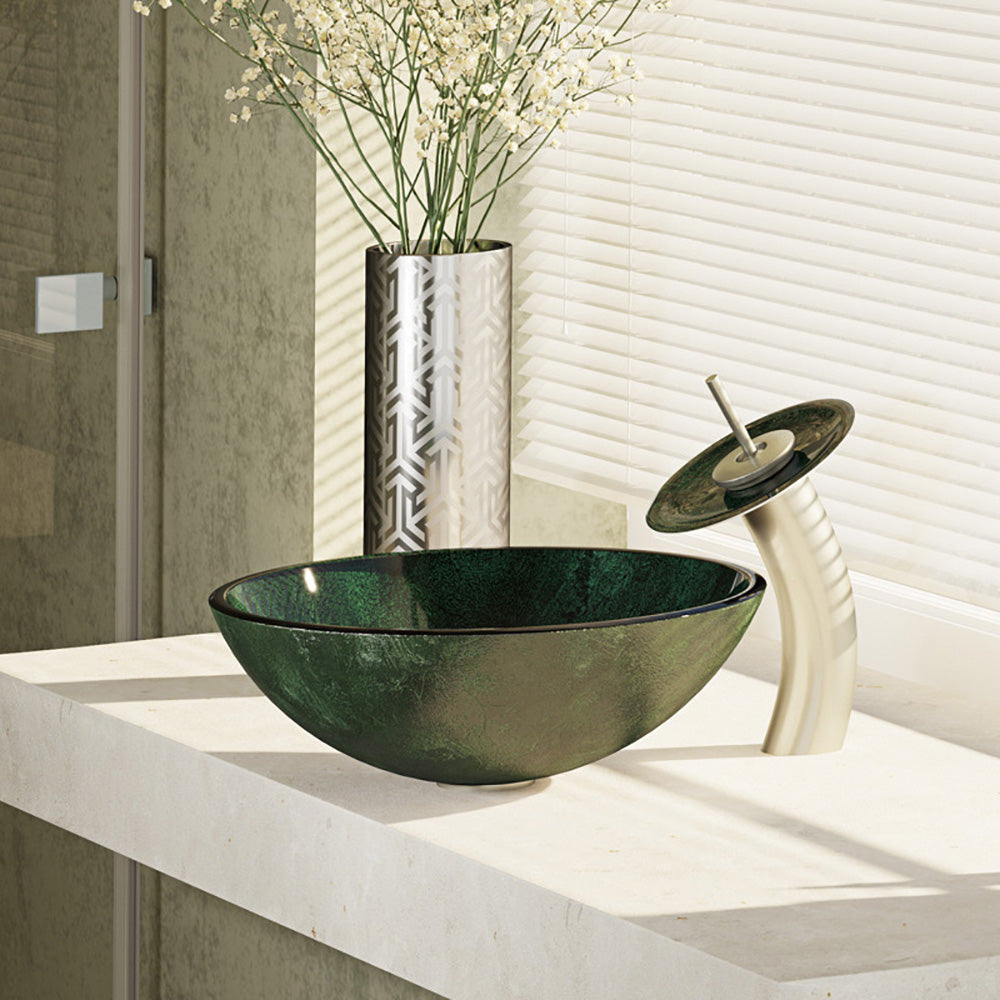 Alternate Image for Rene 17" Round Glass Bathroom Sink, Forest Green, with Faucet, R5-5027-WF-BN