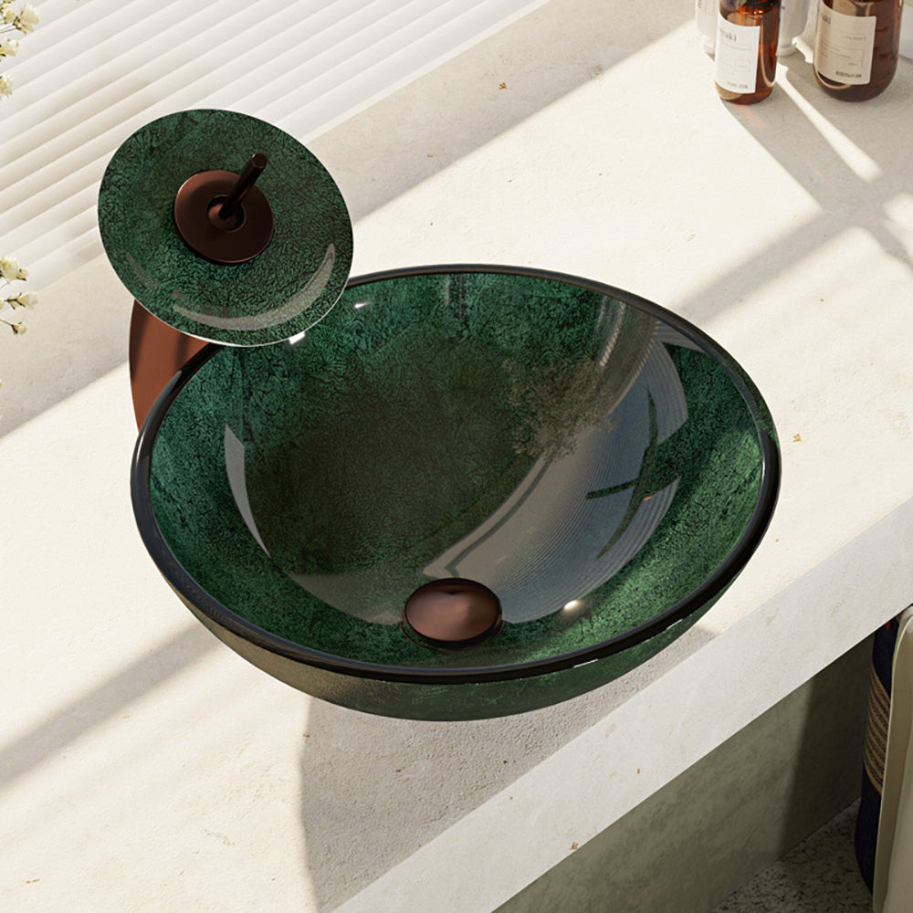 Alternate Image for Rene 17" Round Glass Bathroom Sink, Forest Green, with Faucet, R5-5027-WF-ORB