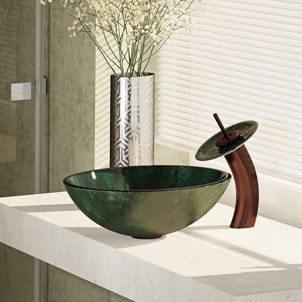 Alternate Image for Rene 17" Round Glass Bathroom Sink, Forest Green, with Faucet, R5-5027-WF-ORB