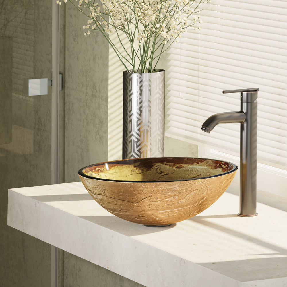 Alternate Image for Rene 17" Round Glass Bathroom Sink, Golden and auburn, with Faucet, R5-5029-R9-7001-ABR