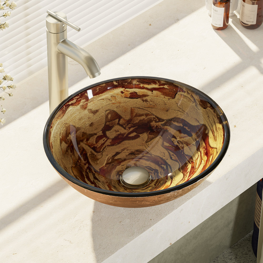 Alternate Image for Rene 17" Round Glass Bathroom Sink, Golden and auburn, with Faucet, R5-5029-R9-7001-BN