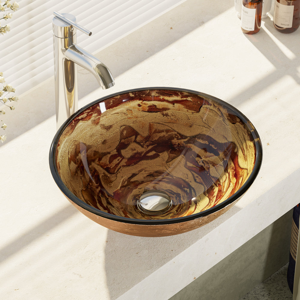 Alternate Image for Rene 17" Round Glass Bathroom Sink, Golden and auburn, with Faucet, R5-5029-R9-7001-C