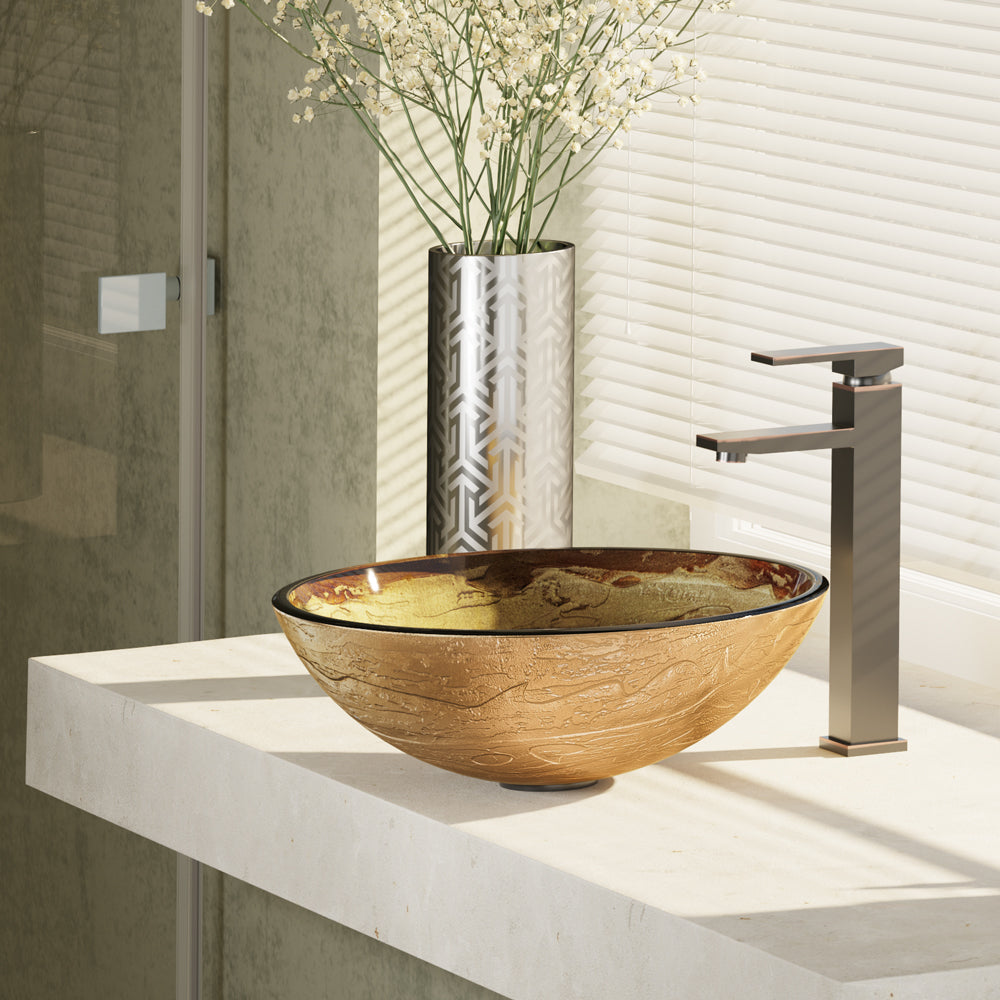 Alternate Image for Rene 17" Round Glass Bathroom Sink, Golden and auburn, with Faucet, R5-5029-R9-7003-ABR