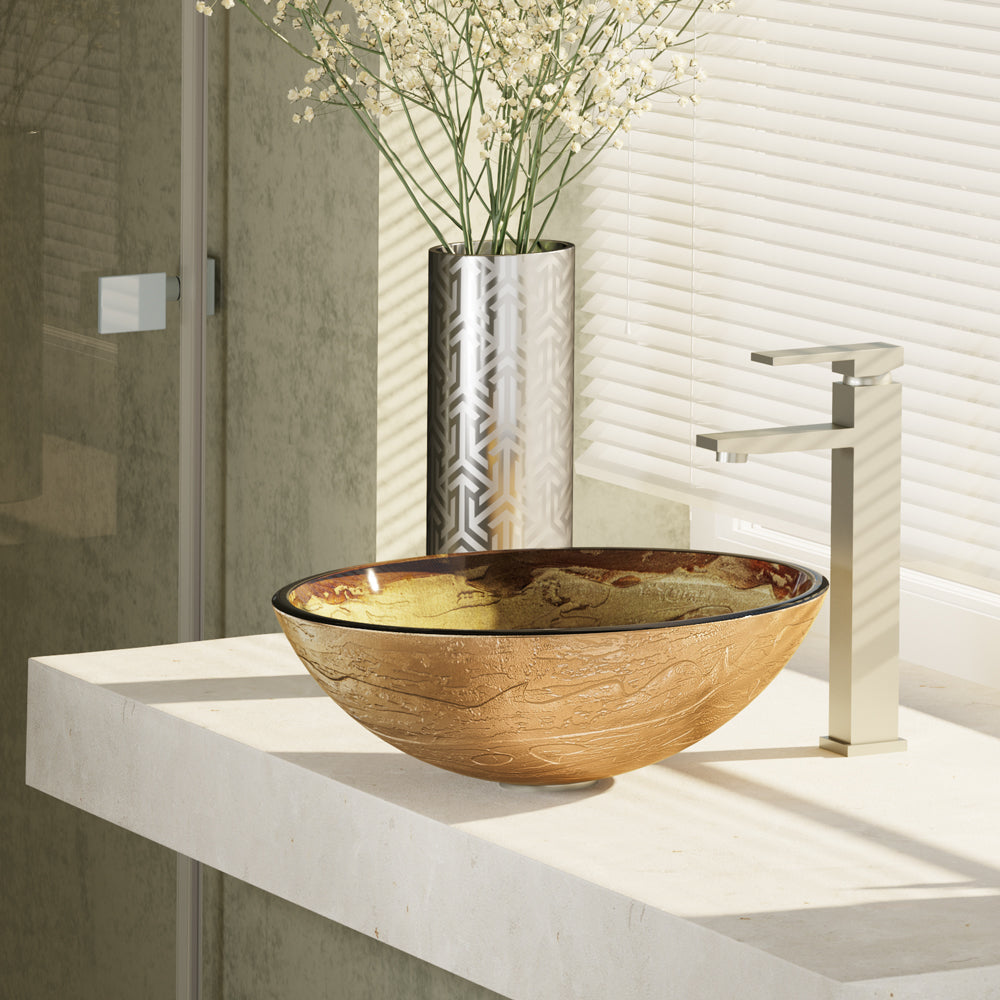 Alternate Image for Rene 17" Round Glass Bathroom Sink, Golden and auburn, with Faucet, R5-5029-R9-7003-BN