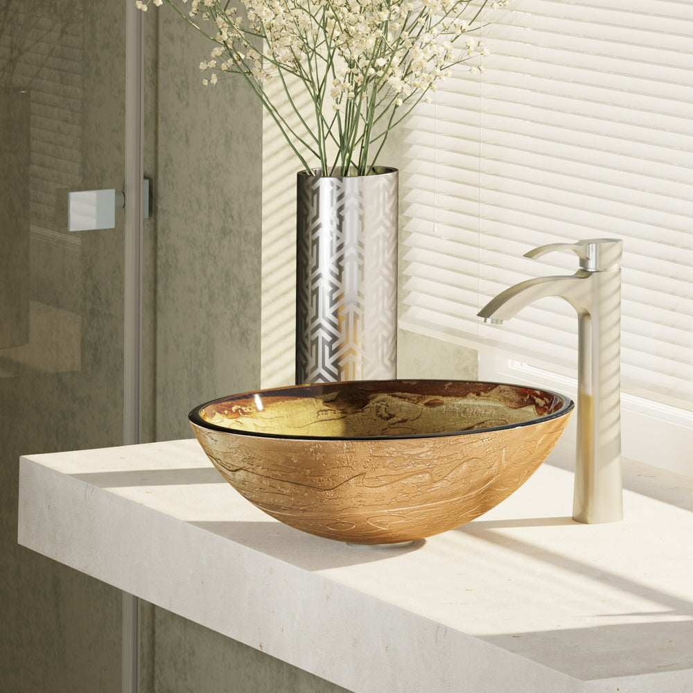 Alternate Image for Rene 17" Round Glass Bathroom Sink, Golden and auburn, with Faucet, R5-5029-R9-7006-BN
