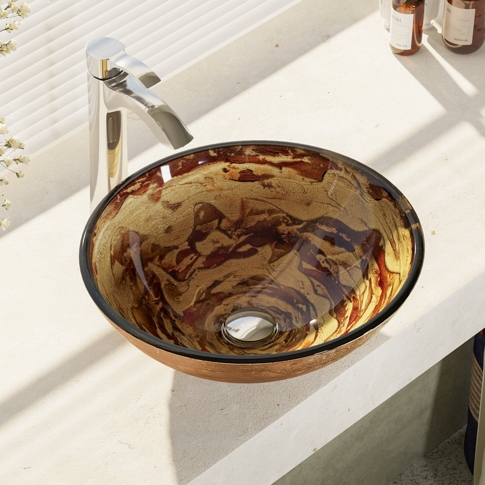 Alternate Image for Rene 17" Round Glass Bathroom Sink, Golden and auburn, with Faucet, R5-5029-R9-7006-C