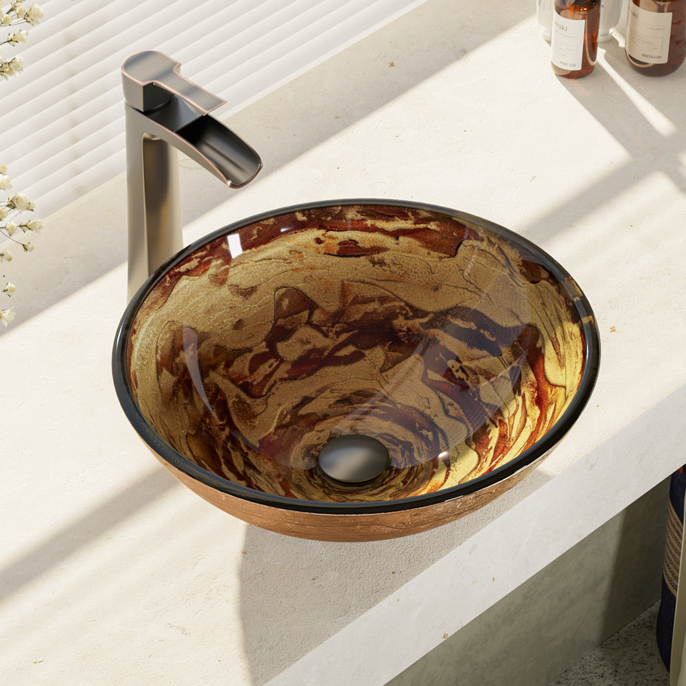 Alternate Image for Rene 17" Round Glass Bathroom Sink, Golden and auburn, with Faucet, R5-5029-R9-7007-ABR