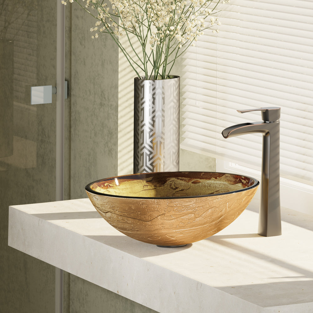 Alternate Image for Rene 17" Round Glass Bathroom Sink, Golden and auburn, with Faucet, R5-5029-R9-7007-ABR
