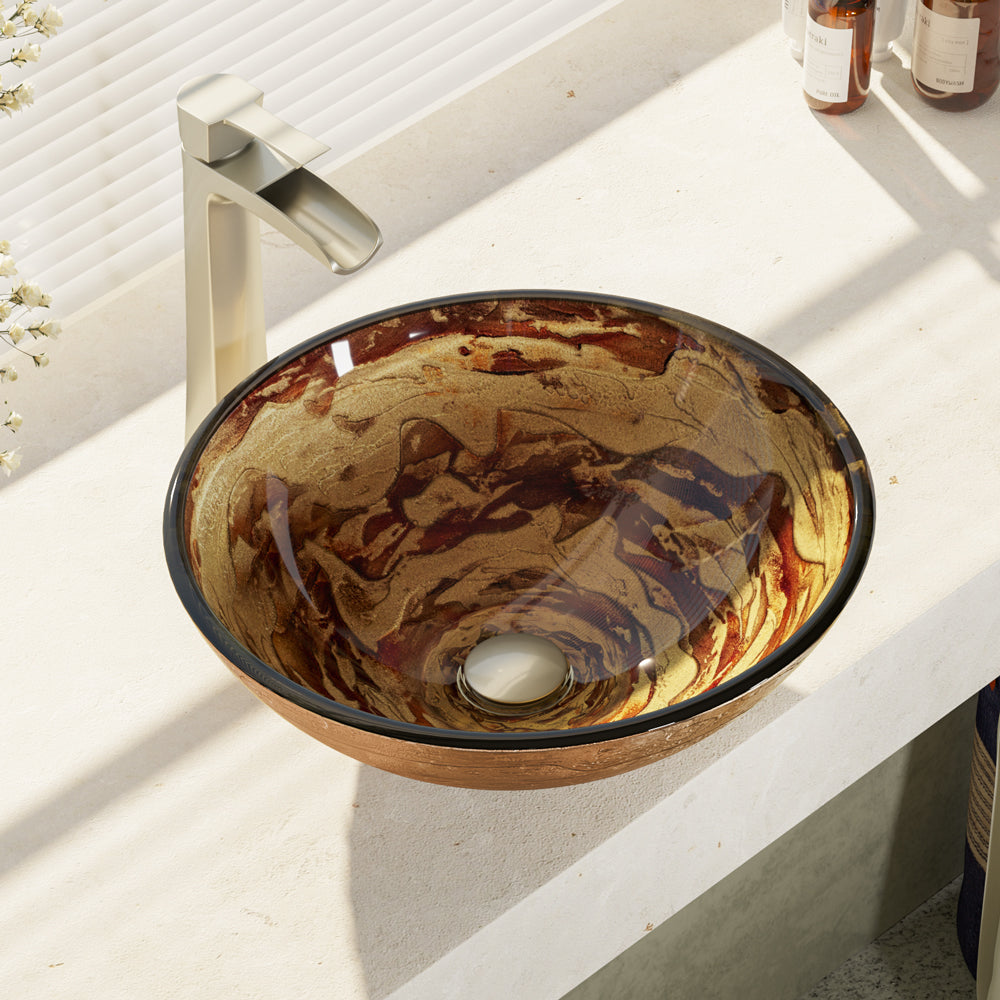 Alternate Image for Rene 17" Round Glass Bathroom Sink, Golden and auburn, with Faucet, R5-5029-R9-7007-BN