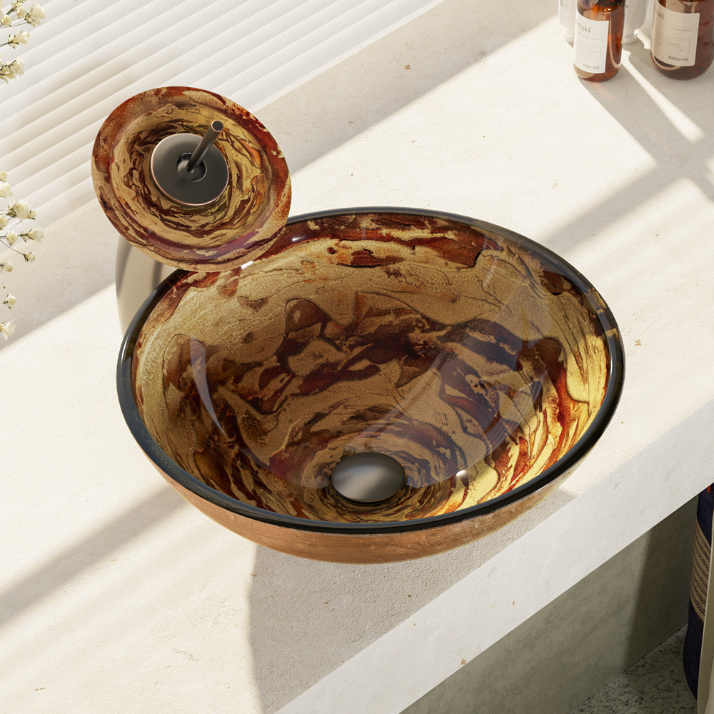 Alternate Image for Rene 17" Round Glass Bathroom Sink, Golden and auburn, with Faucet, R5-5029-WF-ABR