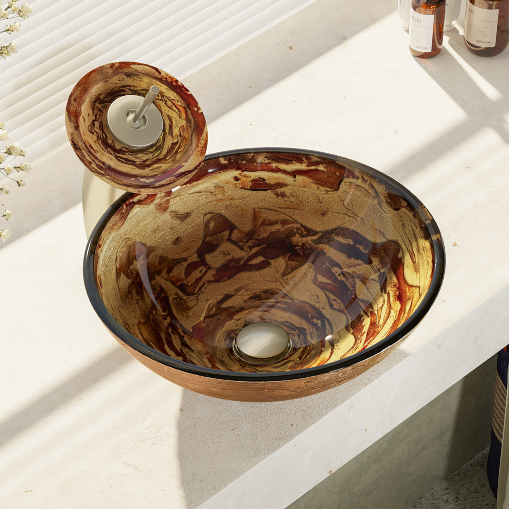Alternate Image for Rene 17" Round Glass Bathroom Sink, Golden and auburn, with Faucet, R5-5029-WF-BN