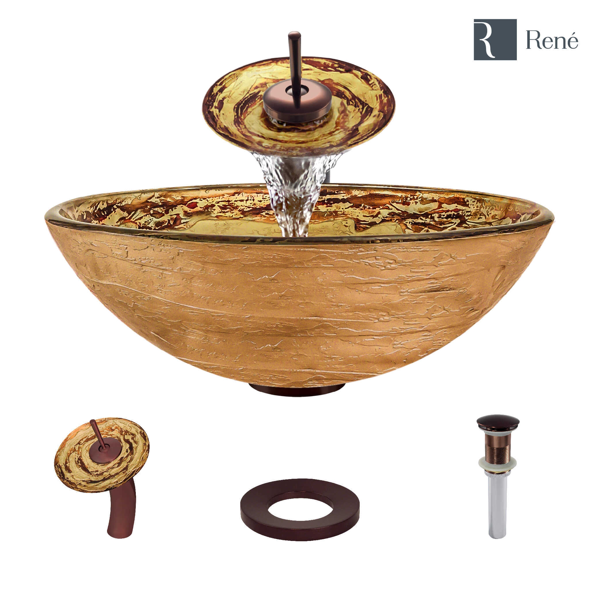 Rene 17" Round Glass Bathroom Sink, Golden and auburn, with Faucet, R5-5029-WF-ORB