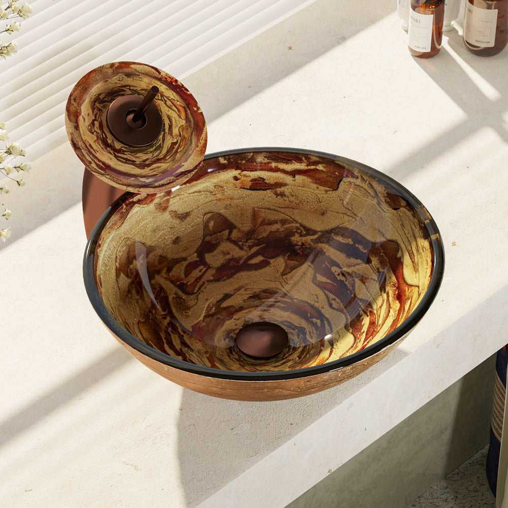 Alternate Image for Rene 17" Round Glass Bathroom Sink, Golden and auburn, with Faucet, R5-5029-WF-ORB