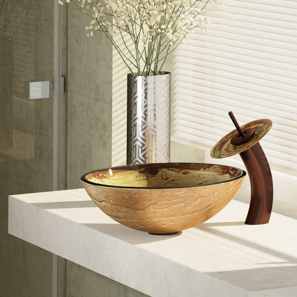 Alternate Image for Rene 17" Round Glass Bathroom Sink, Golden and auburn, with Faucet, R5-5029-WF-ORB