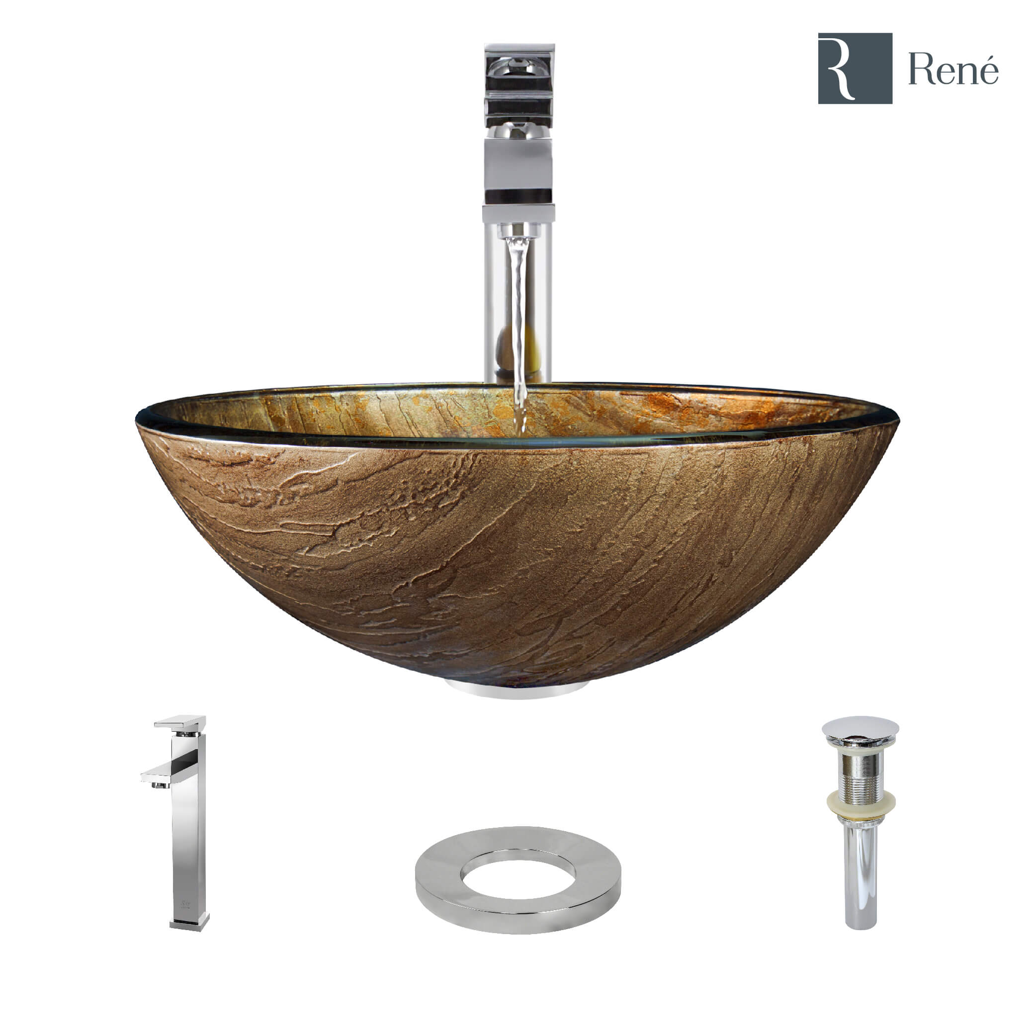 Rene 17" Round Glass Bathroom Sink, Bronze, with Faucet, R5-5030-R9-7003-C