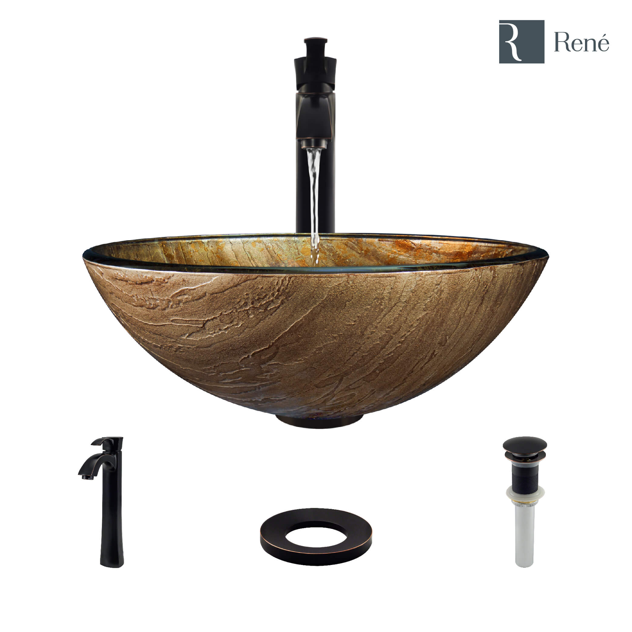 Rene 17" Round Glass Bathroom Sink, Bronze, with Faucet, R5-5030-R9-7006-ABR