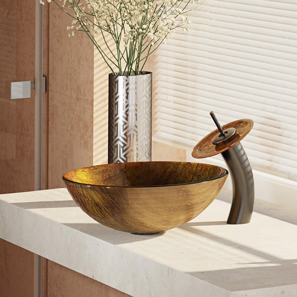 Alternate Image for Rene 17" Round Glass Bathroom Sink, Bronze, with Faucet, R5-5030-WF-ABR