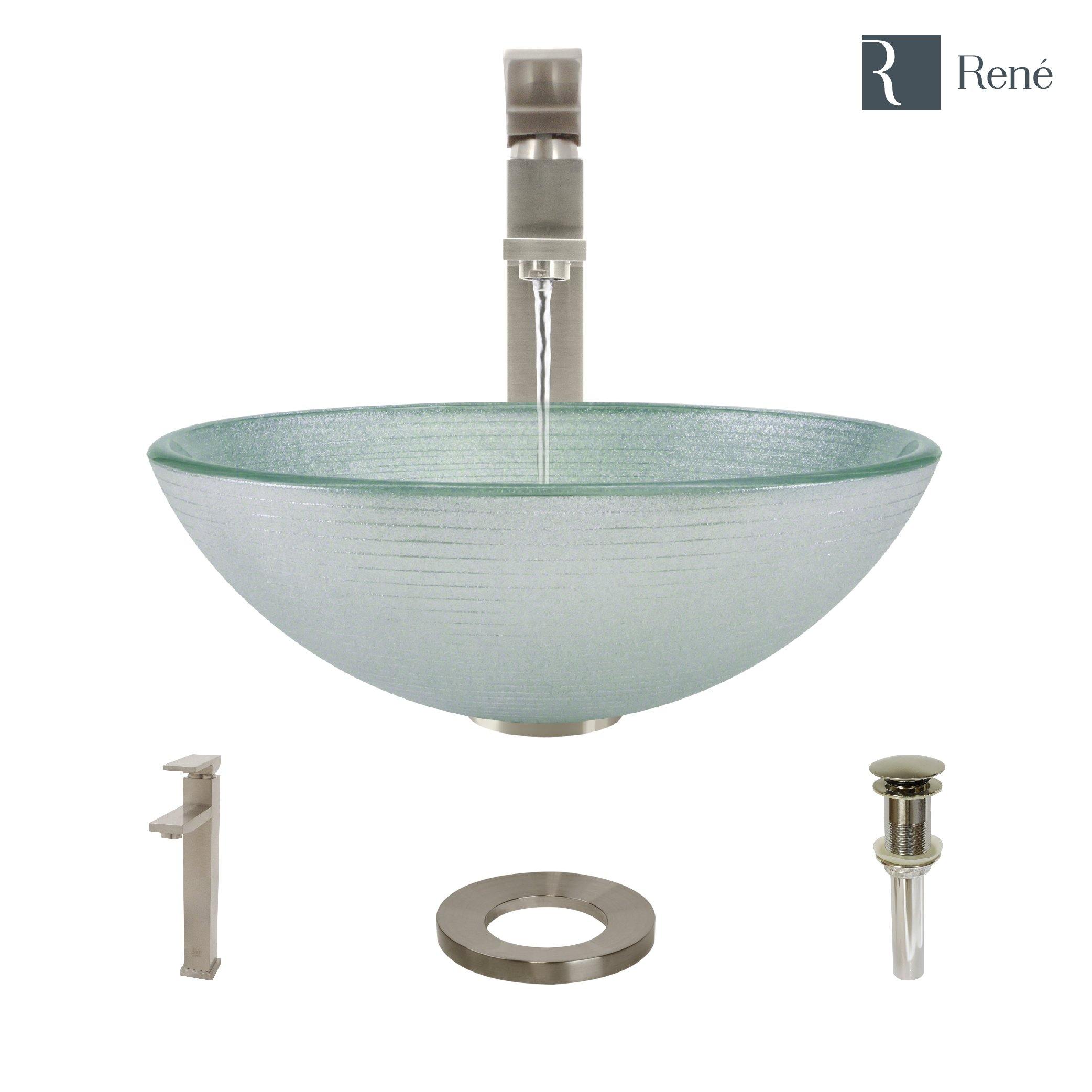 Rene 17" Round Glass Bathroom Sink, Sparkling Silver, with Faucet, R5-5034-R9-7003-BN