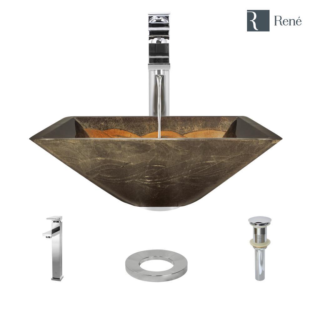 Alternate Image for Rene 17" Square Glass Bathroom Sink, Metallic Green and Gold, with Faucet, R5-5036-R9-7003-C