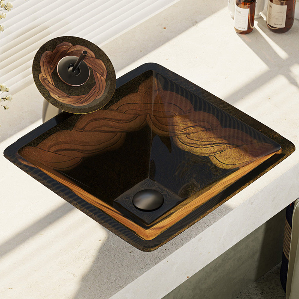 Alternate Image for Rene 17" Square Glass Bathroom Sink, Metallic Green and Gold, with Faucet, R5-5036-WF-ABR