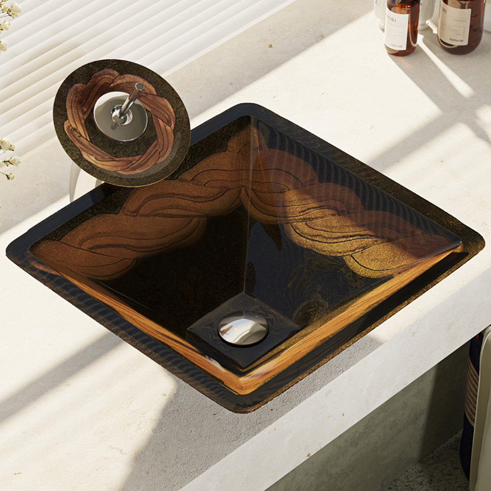 Alternate Image for Rene 17" Square Glass Bathroom Sink, Metallic Green and Gold, with Faucet, R5-5036-WF-C