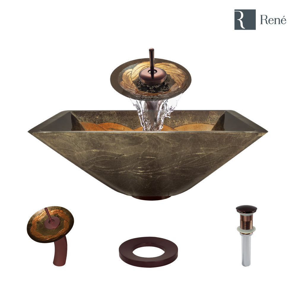 Alternate Image for Rene 17" Square Glass Bathroom Sink, Metallic Green and Gold, with Faucet, R5-5036-WF-ORB