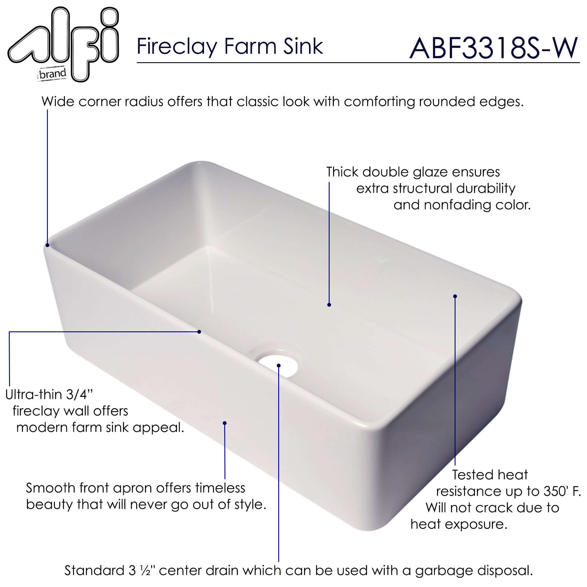 Alternate Image for ALFI brand 33" Fireclay Farmhouse Sink, White, ABF3318S-W