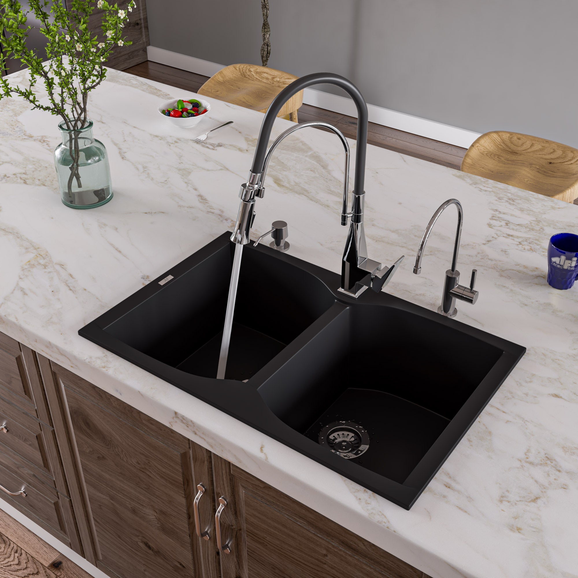 Black Quartz Kitchen Sink Double Bowl Drop-In Sink with Drain Board