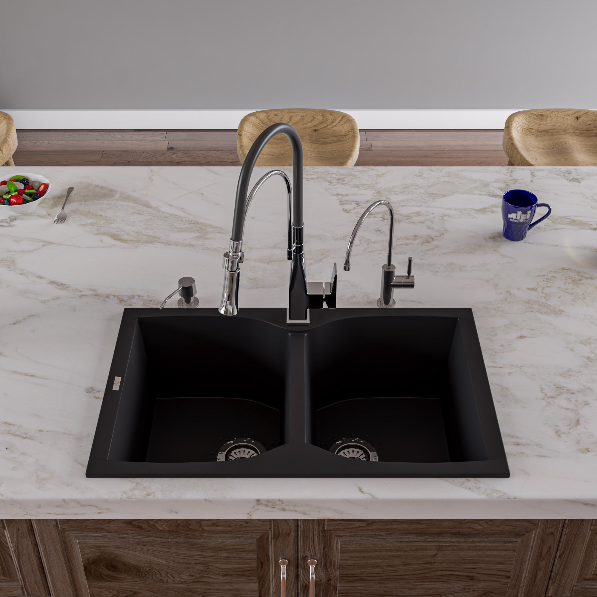 ALFI Black 32" Drop-In Double Bowl Granite Composite Kitchen Sink, AB3220DI-BLA