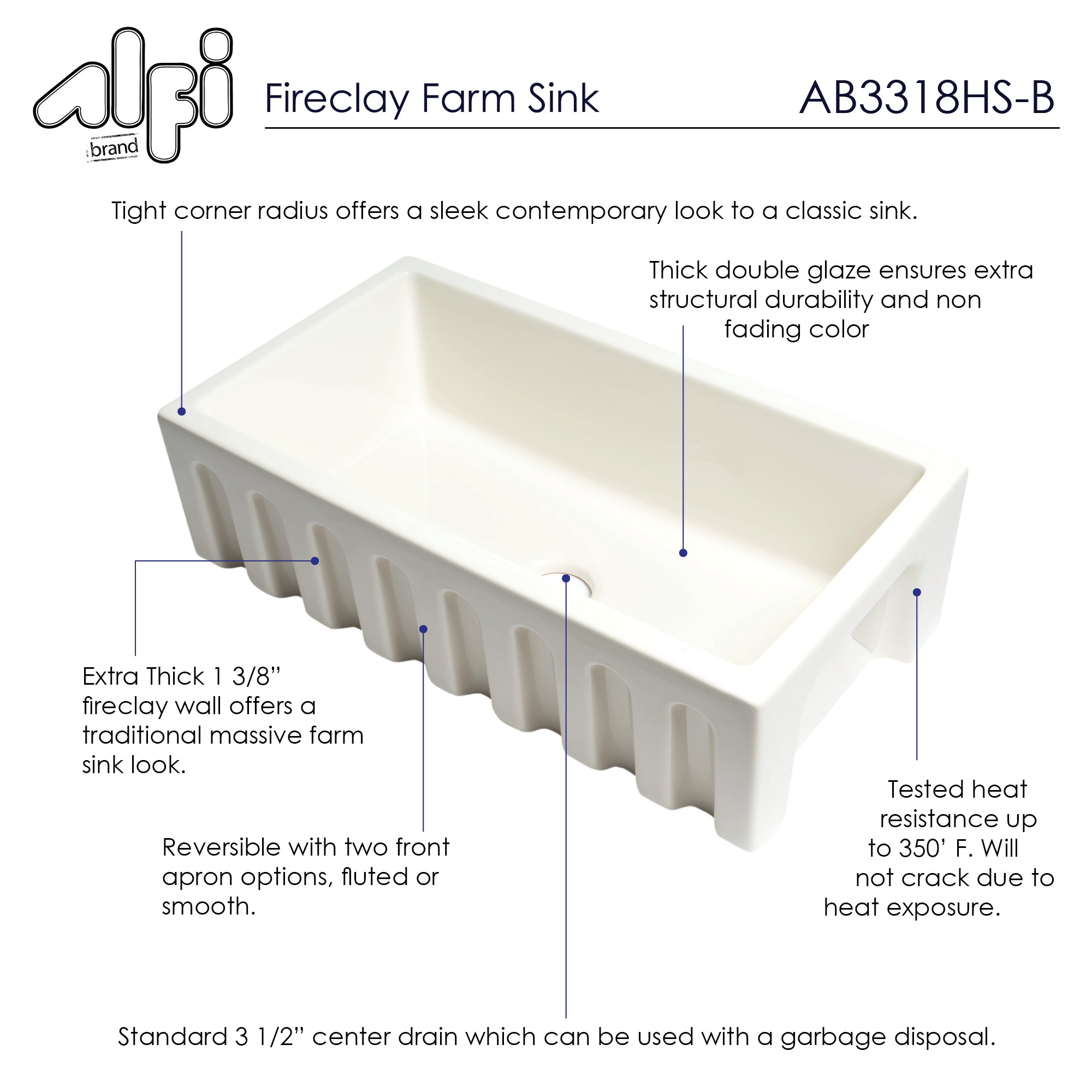 Alternate Image for ALFI 33" Fireclay Farmhouse Kitchen Sink, Single Bowl, Reversible, Biscuit, AB3318HS-B
