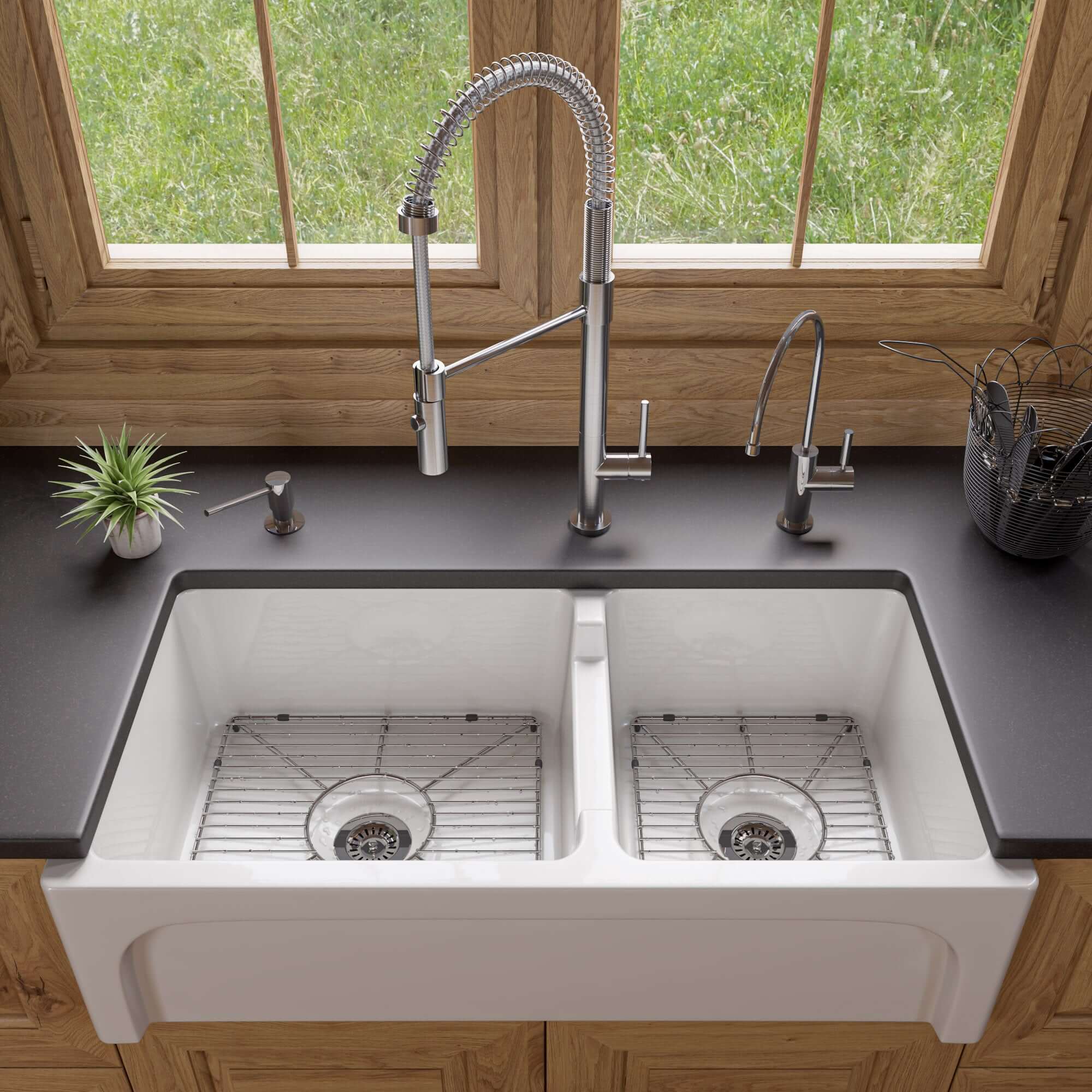 ALFI 36" Double Bowl Thick Wall Fireclay Farmhouse Apron Sink, White, AB3618ARCH-W
