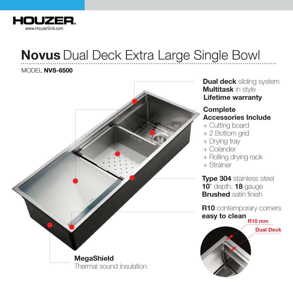 Alternate Image for Houzer Novus 45" Workstation Kitchen Sink, 18 Gauge Stainless Steel, NVS-6500