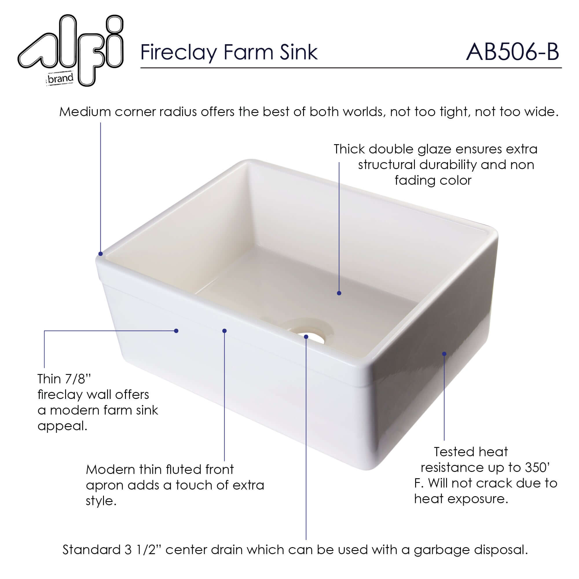 Alternate Image for ALFI 26" Single Bowl Fireclay Farmhouse Apron Sink, Biscuit, Decorative, AB506-B