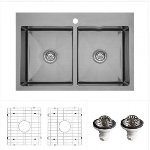 Karran 33" Drop In/Topmount Stainless Steel Kitchen Sink, 50/50 Double Bowl, 16 Gauge, EL-35-PK1
