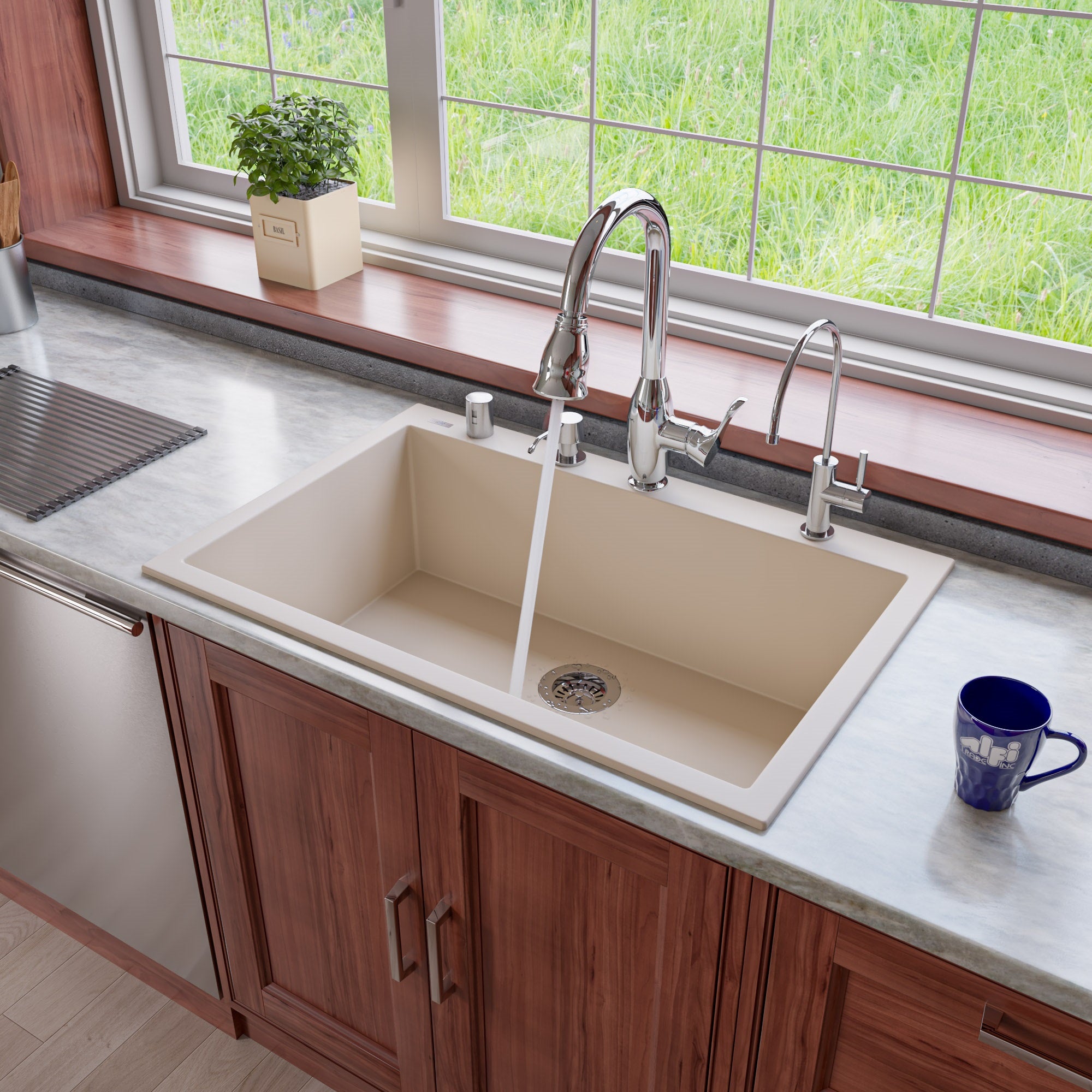 ALFI Biscuit 33" Single Bowl Drop In Granite Composite Kitchen Sink, AB3322DI-B