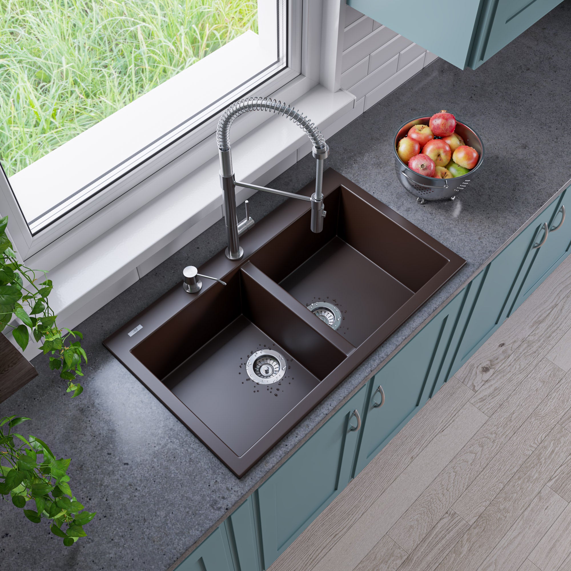 Alternate Image for ALFI brand AB3420DI-C Chocolate 34" Drop-In Double Bowl Granite Composite Kitchen Sink