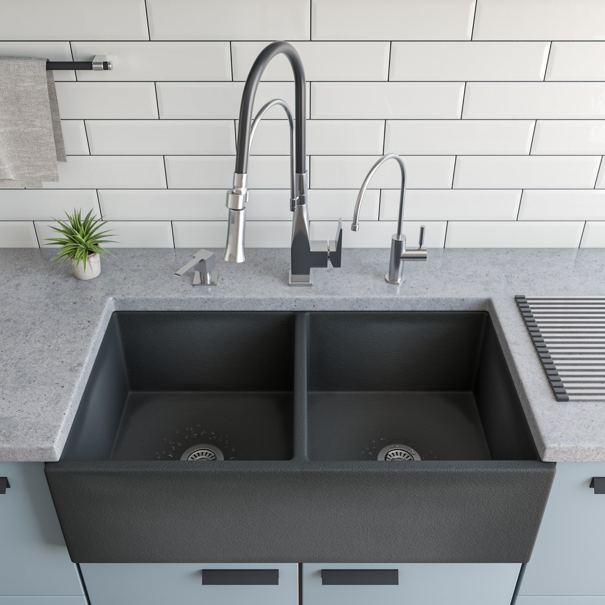 ALFI brand 33" Fireclay Farmhouse Sink, 50/50 Double Bowl, Concrete, ABCO3318DB