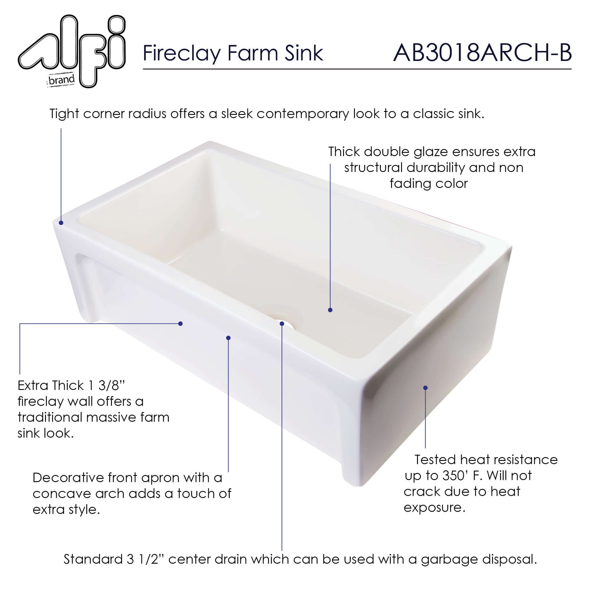 Alternate Image for ALFI 30" Single Bowl Thick Wall Fireclay Farmhouse Apron Sink, Biscuit, AB3018ARCH-B