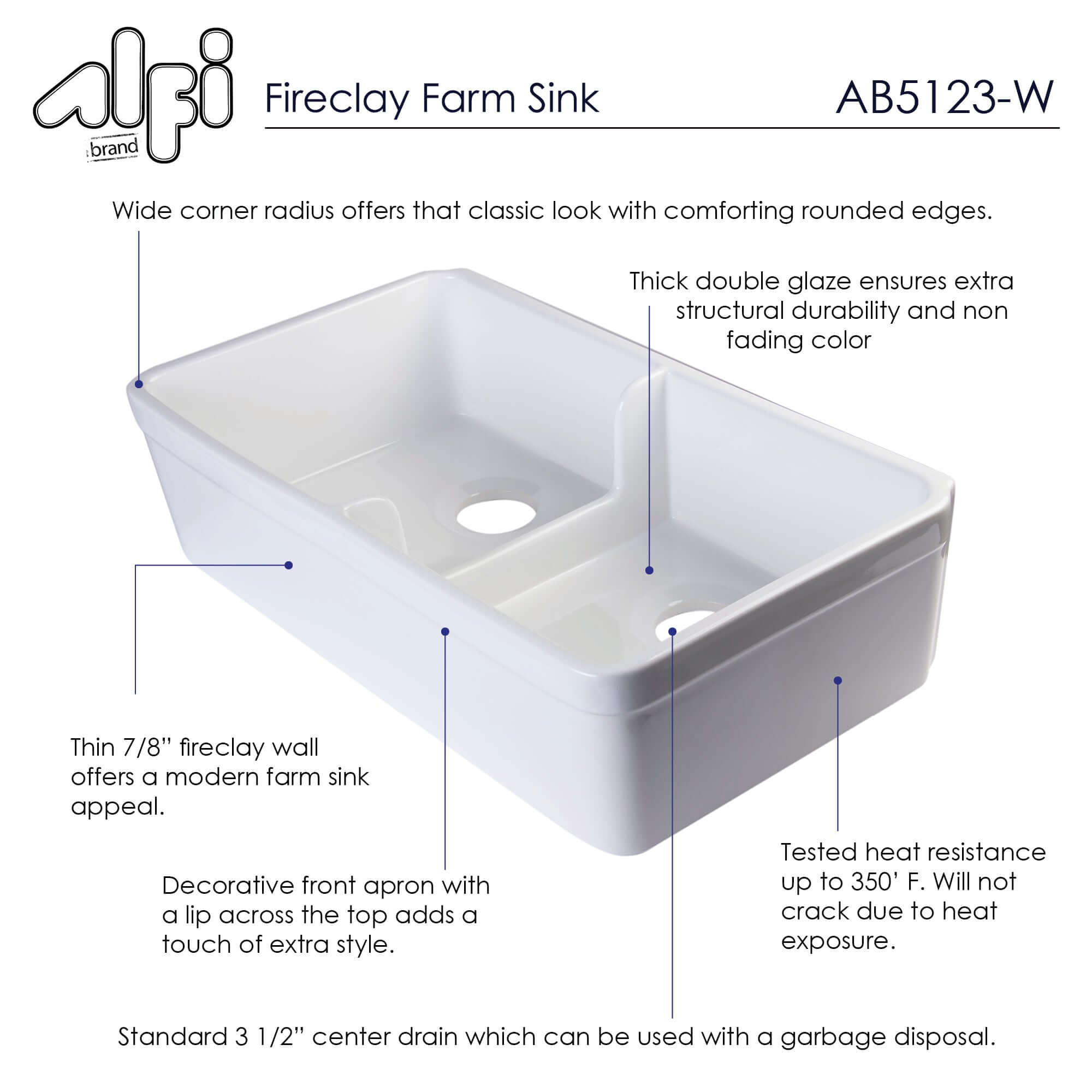 Alternate Image for ALFI 32" Short Wall Double Bowl Fireclay Farmhouse Apron Sink, White, AB5123-W