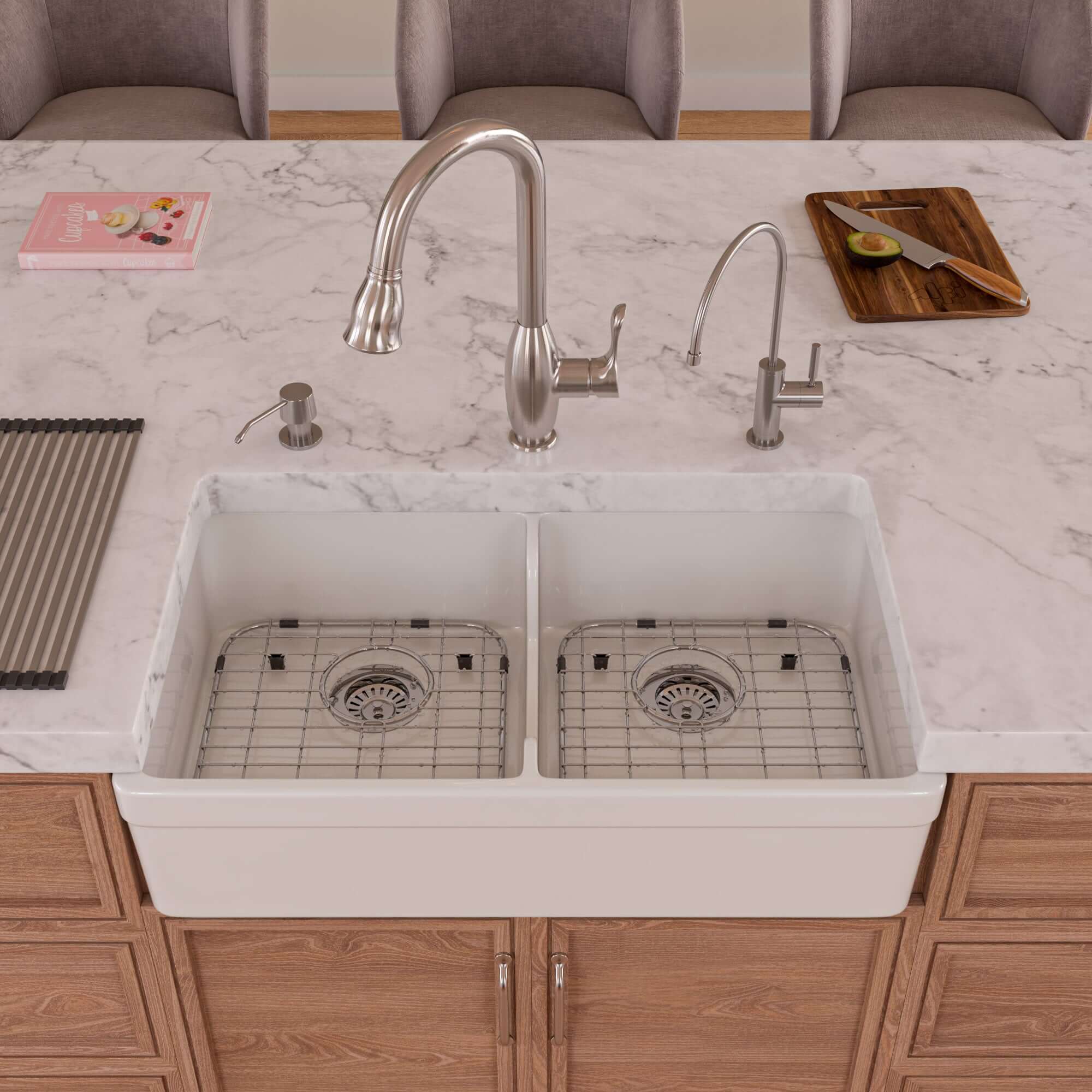 ALFI 32" Short Wall Double Bowl Fireclay Farmhouse Apron Sink, White, AB5123-W