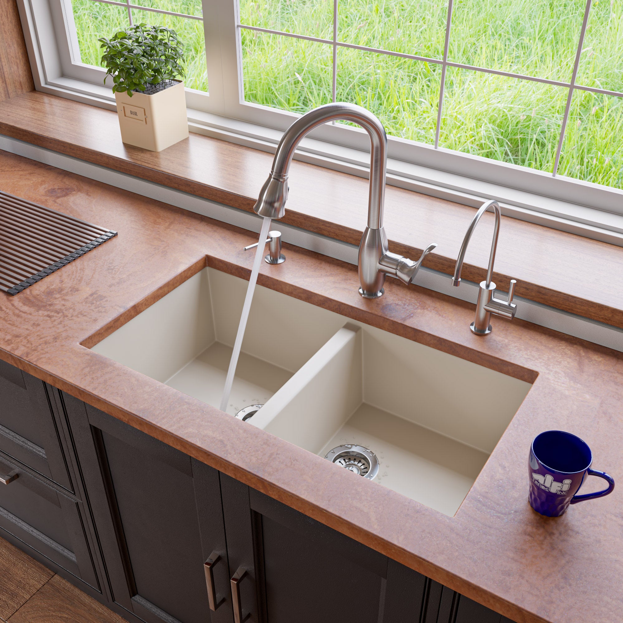 Alternate Image for ALFI Biscuit 34" Undermount Double Bowl Granite Composite Kitchen Sink, AB3420UM-B