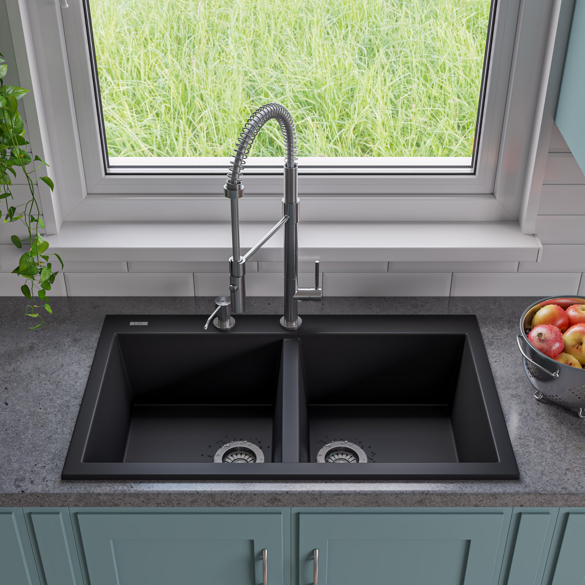 ALFI Black 34" Drop-In Double Bowl Granite Composite Kitchen Sink, AB3420DI-BLA