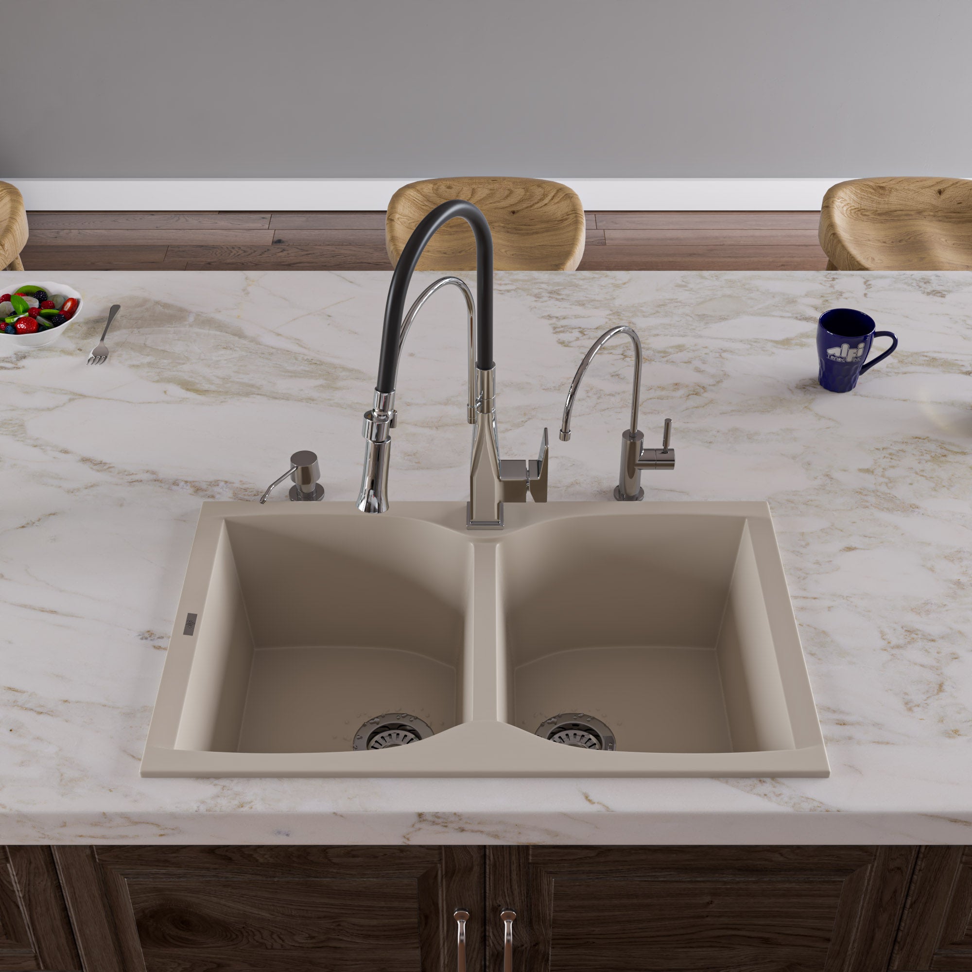 ALFI Biscuit 32" Drop-In Double Bowl Granite Composite Kitchen Sink, AB3220DI-B